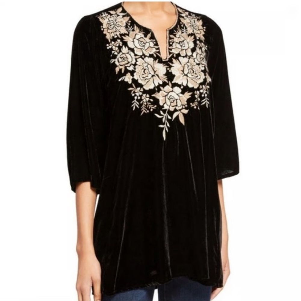 Johnny Was Black Velvet Tunic with Cream Floral Embroidery